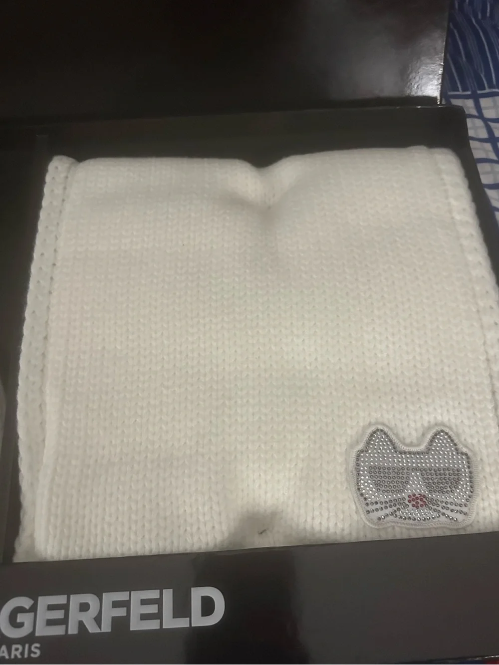 Karl Lagerfeld Cream Knit Pom Hat and Scarf Set